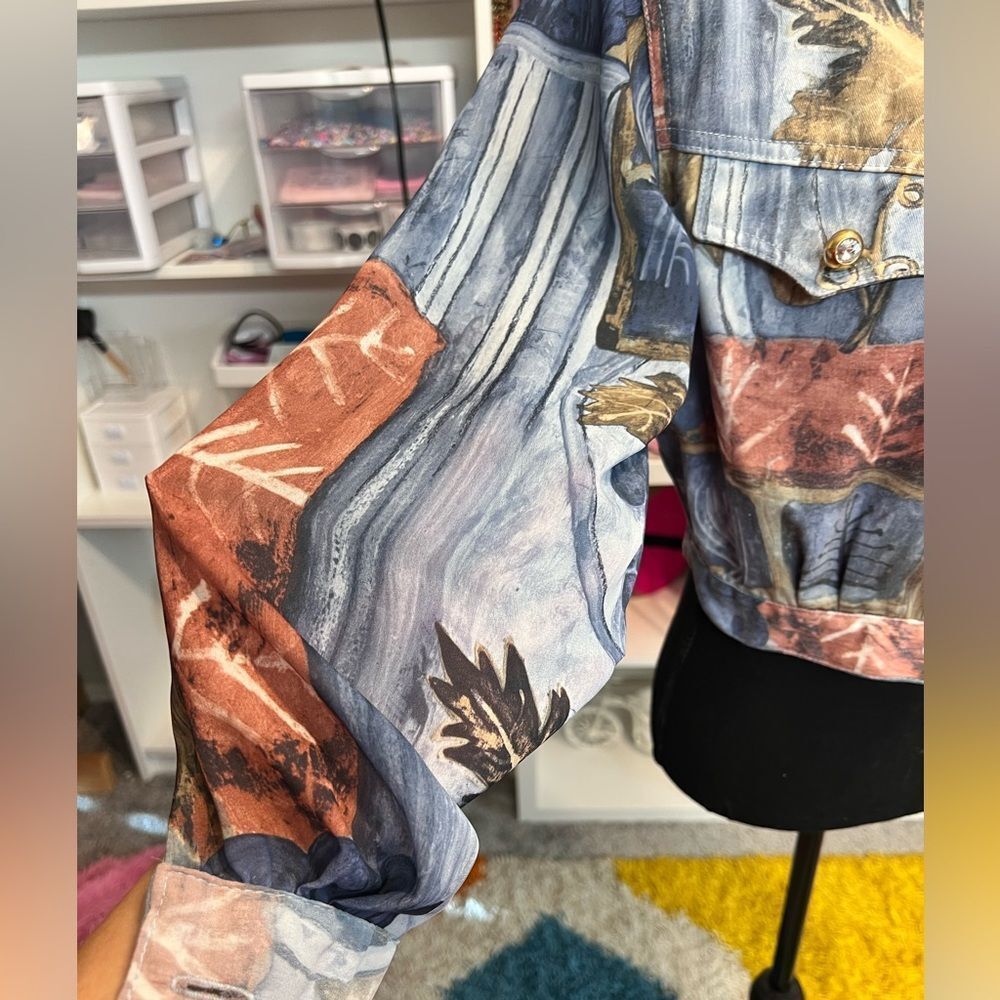 🛍️ LORRAINE WARDY Opal Vintage Blue Leaf Button Up Crop country Jacket Sm - Picture 9 of 11